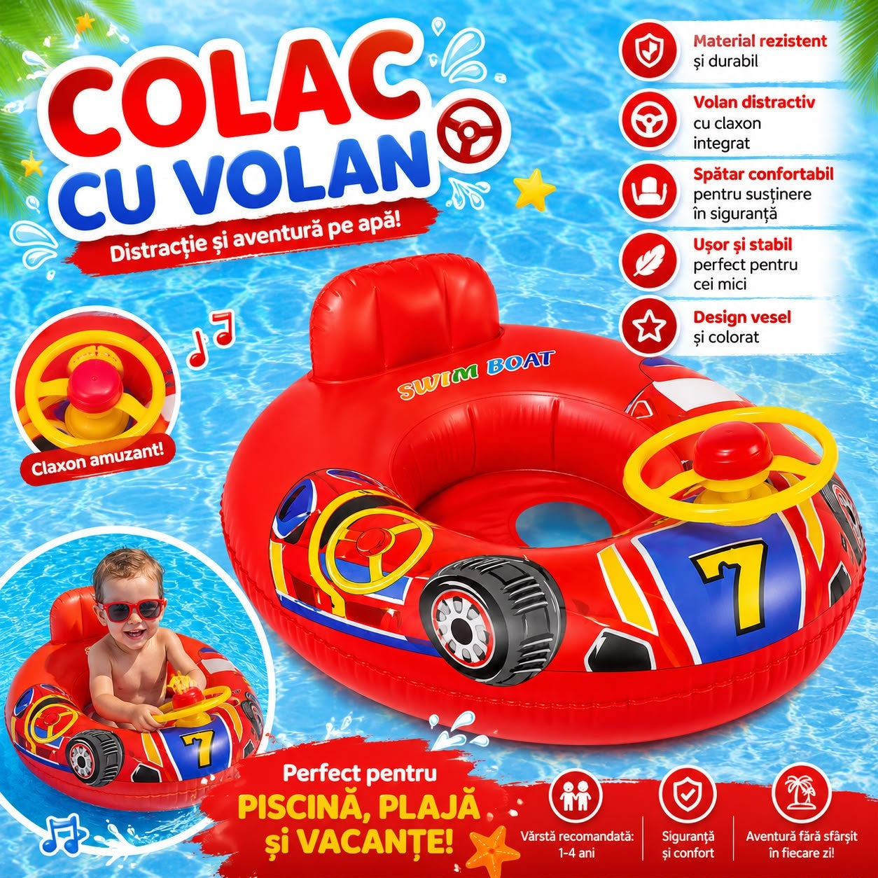Colac Gonflabil pentru Copii cu Volan și Claxon – Model Mașină de Curse Roșie, cu Spătar, 1-4 Ani