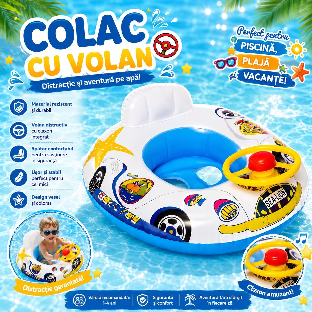 Colac Gonflabil pentru Copii cu Volan și Claxon – Model Mașinuță, Spătar Confortabil, 1-4 Ani