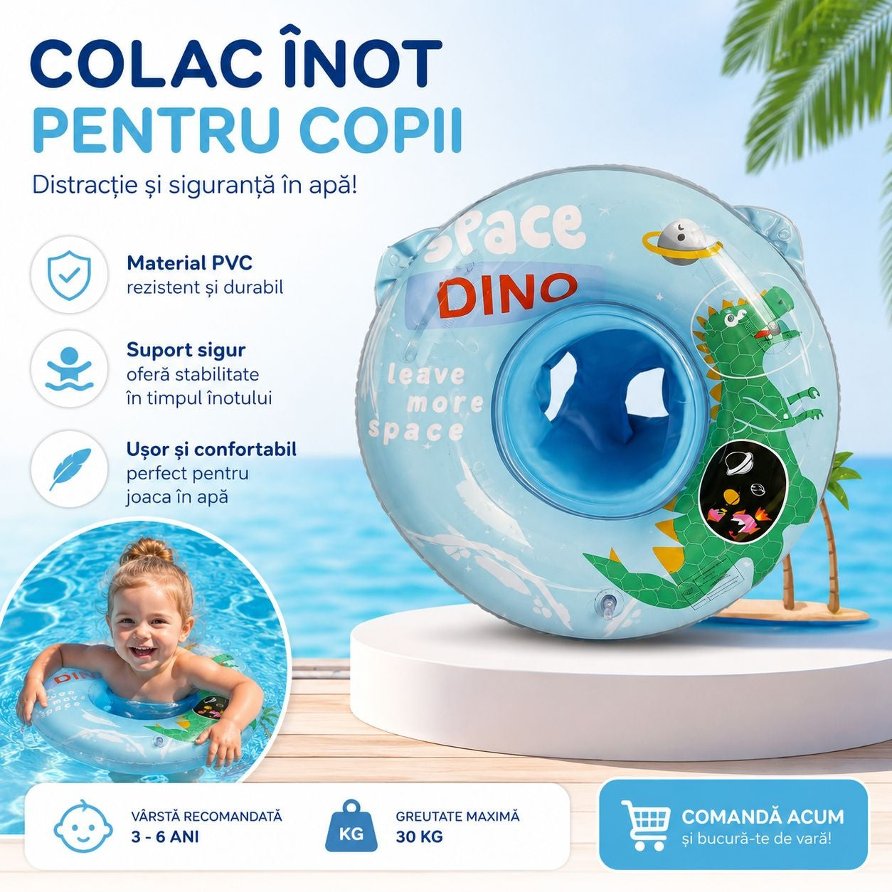Colac Gonflabil pentru Copii Dino Space Albastru – Colac Înot PVC, Sigur și Confortabil, 3-6 Ani