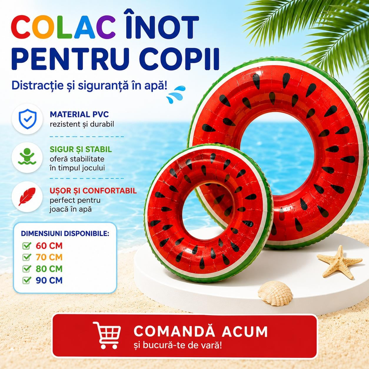 Colac Gonflabil pentru Copii Pepene Roșu 120 cm – Colac Înot Mare pentru Piscină și Plajă