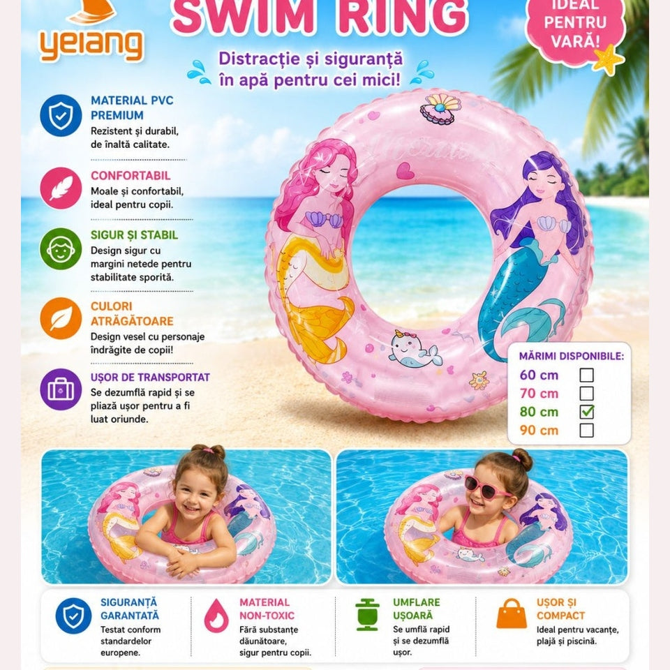 Colac Gonflabil pentru Copii Roz cu Sirene,60 cm, PVC Premium, pentru Piscina si Mare