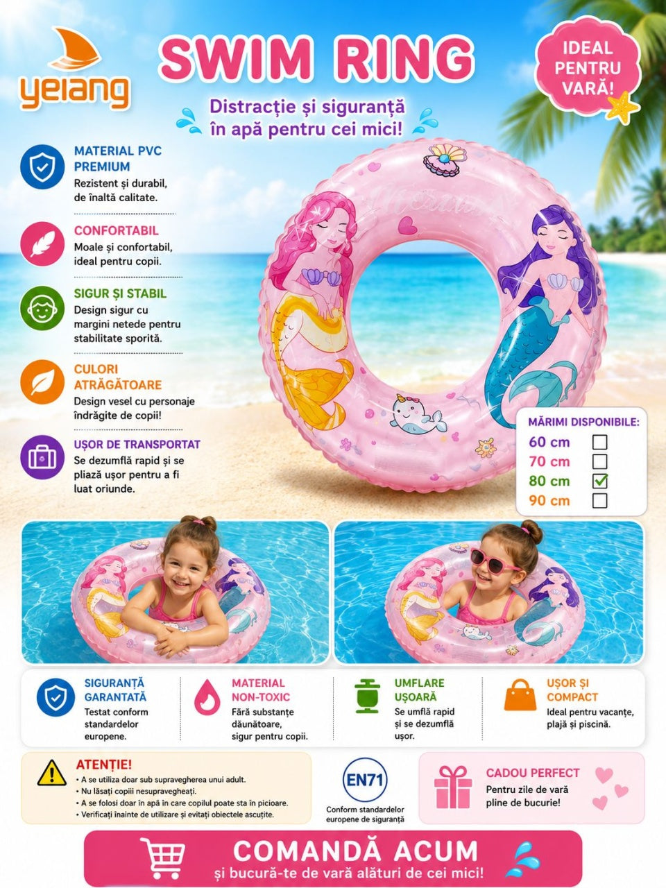 Colac Gonflabil pentru Copii Roz cu Sirene,60 cm, PVC Premium, pentru Piscina si Mare