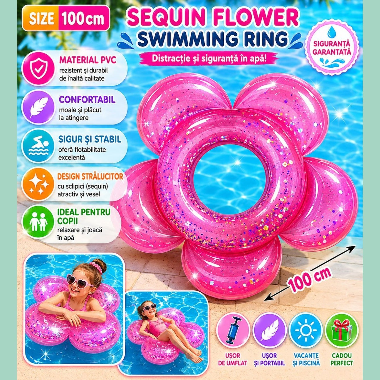 Colac Gonflabil pentru Copii Roz, Model Floare cu Sclipici, 100 cm , PVC Rezistent
