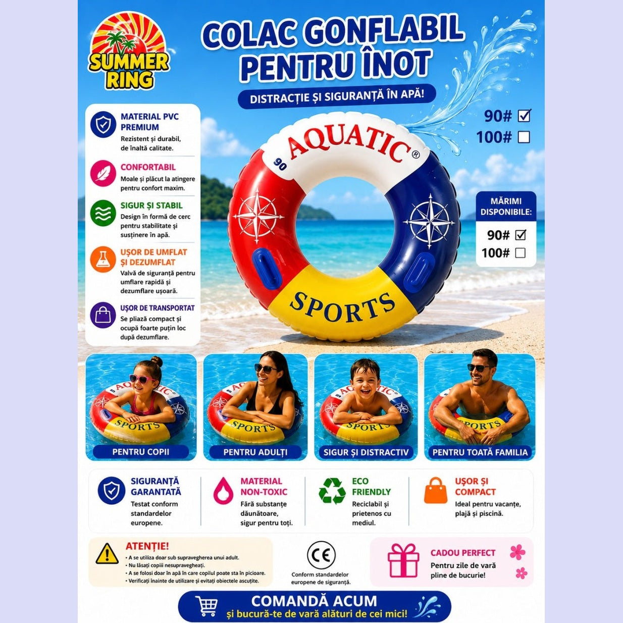 Colac Gonflabil pentru Înot 90 cm – Colac Gonflabil Multicolor pentru Piscină și Plajă