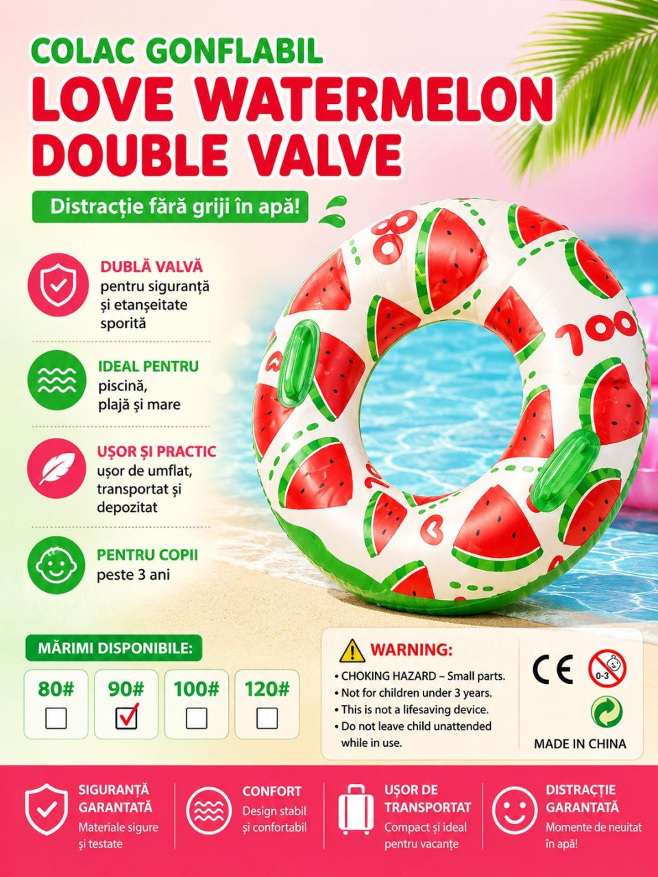 Colac gonflabil pepene verde pentru copii, 90 cm, cu manere, ideal piscina si mare