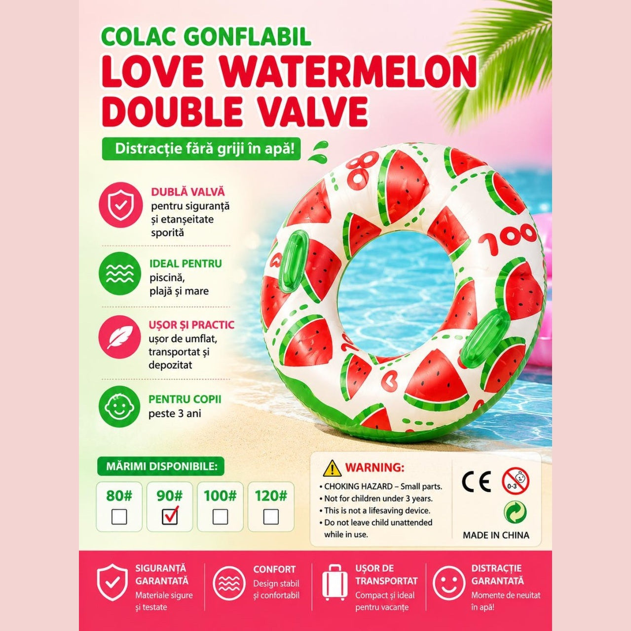 Colac gonflabil pepene verde pentru copii, 90 cm, cu manere, ideal piscina si mare