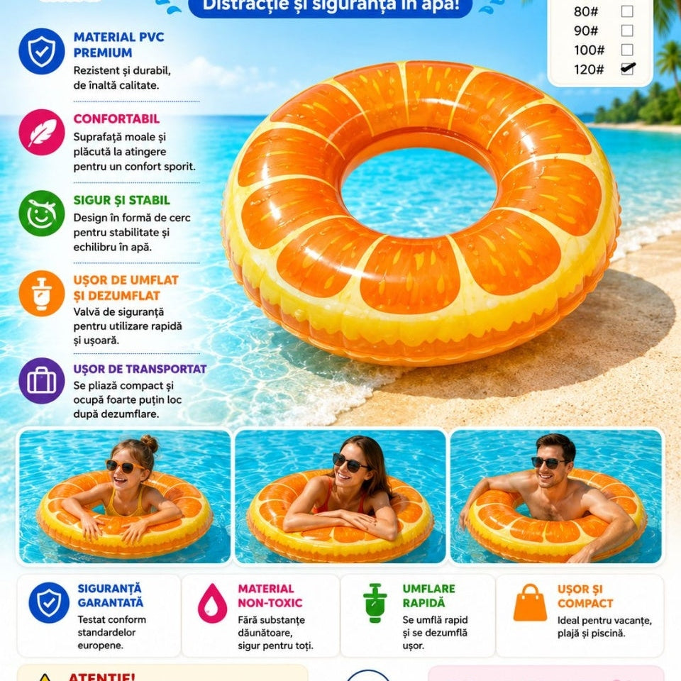 Colac Gonflabil Portocală 120 cm – Colac de Înot pentru Piscină și Plajă
