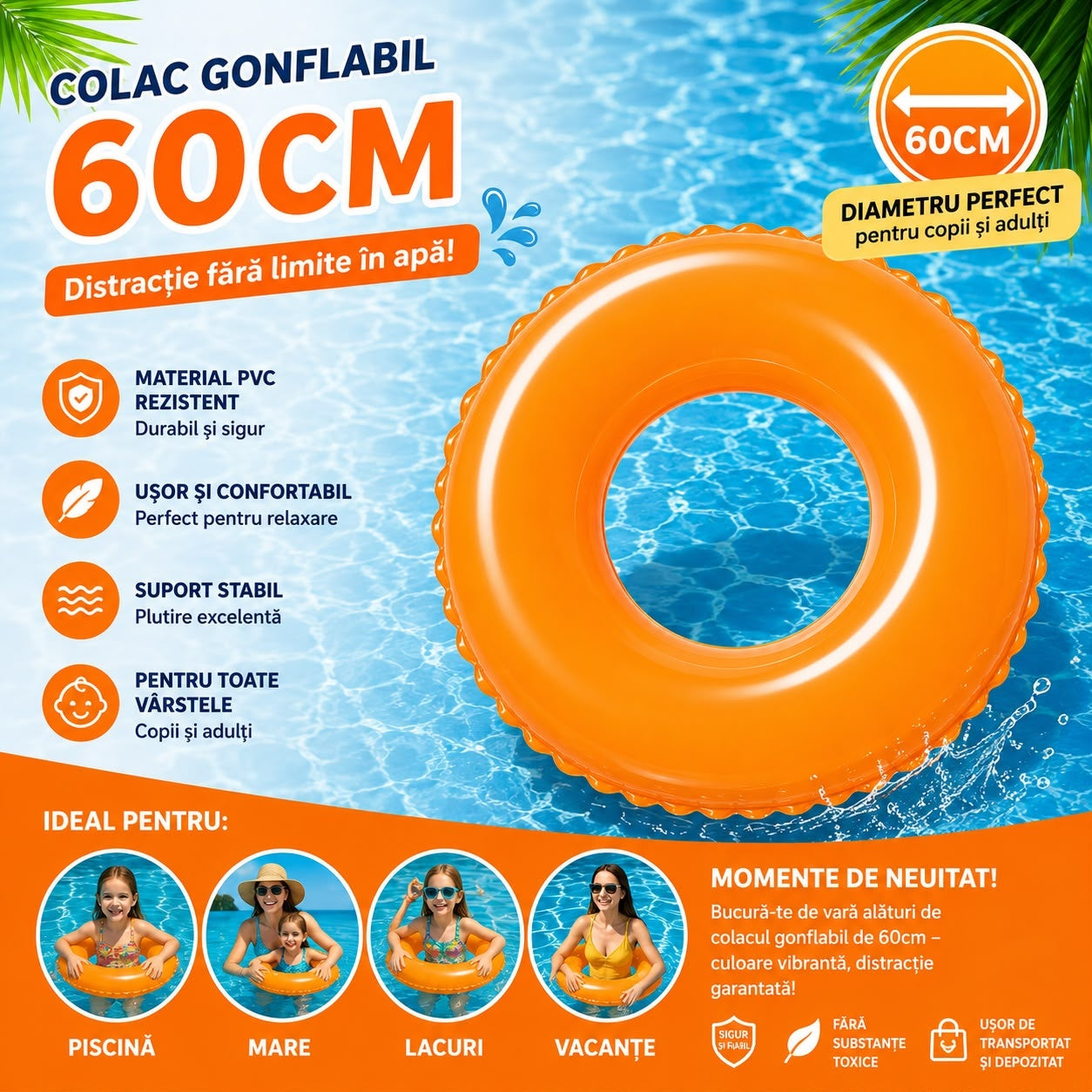 Colac Gonflabil Portocaliu 60 cm pentru Copii și Adulți – Colac de Înot PVC pentru Piscină, Mare și Lac