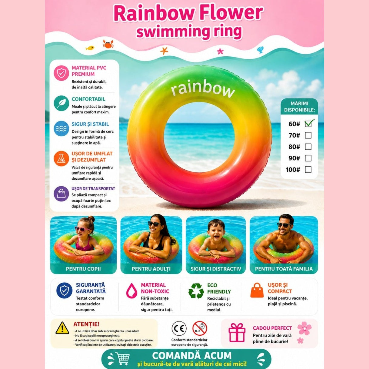 Colac Gonflabil Rainbow 60 cm – Inel de Înot Multicolor pentru Copii, Piscină și Plajă