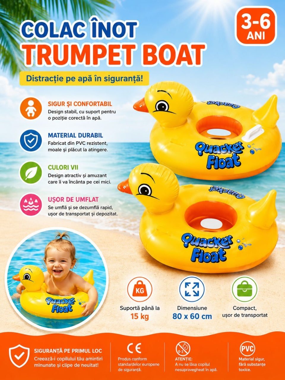 Colac Gonflabil Rățușcă pentru Copii 80x60 cm – Colac Înot cu Mânere, Model Duck Float