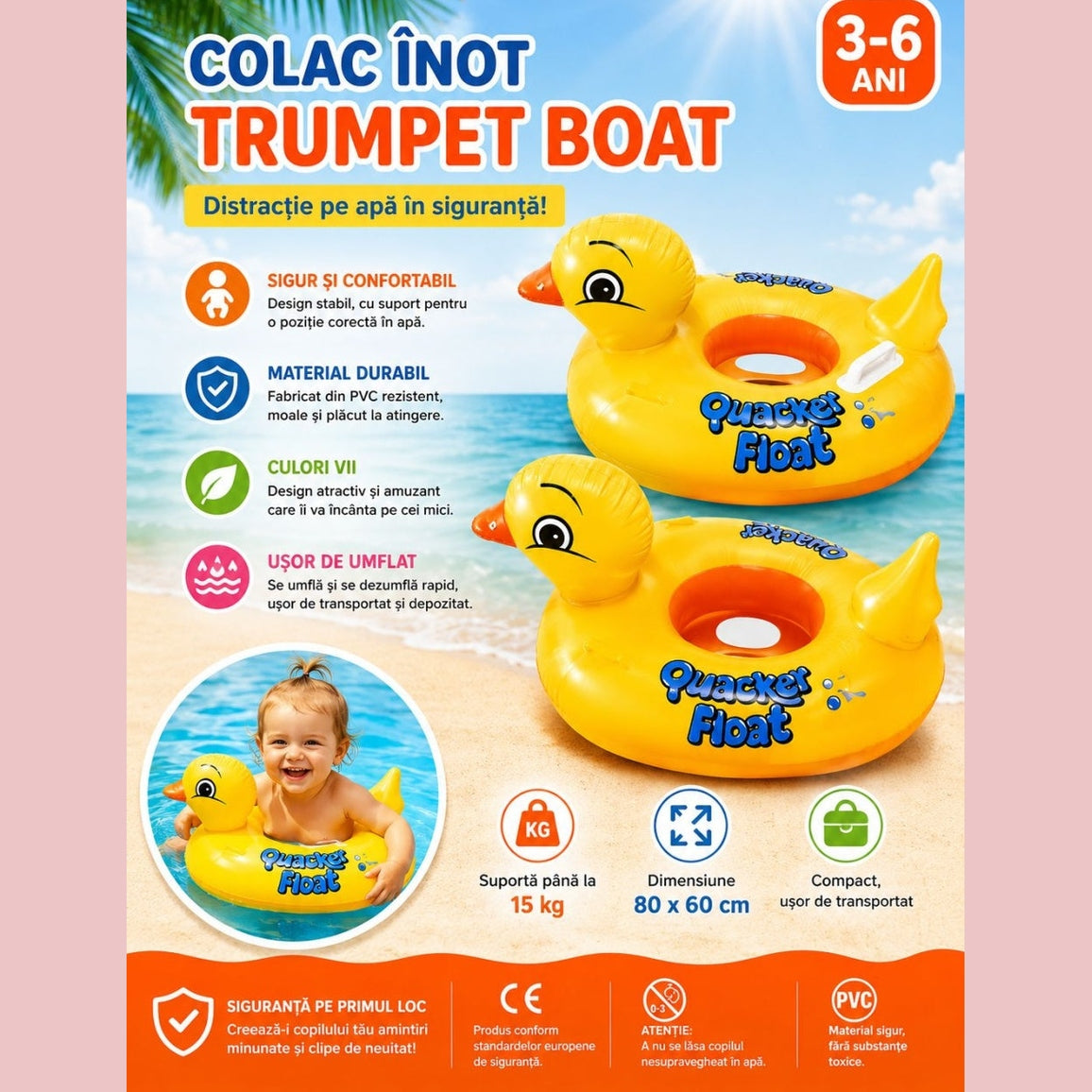 Colac Gonflabil Rățușcă pentru Copii 80x60 cm – Colac Înot cu Mânere, Model Duck Float