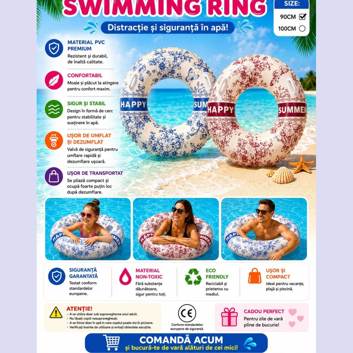 Colac Gonflabil Roșu Happy Summer 90 cm – Colac de Înot pentru Piscină și Plajă