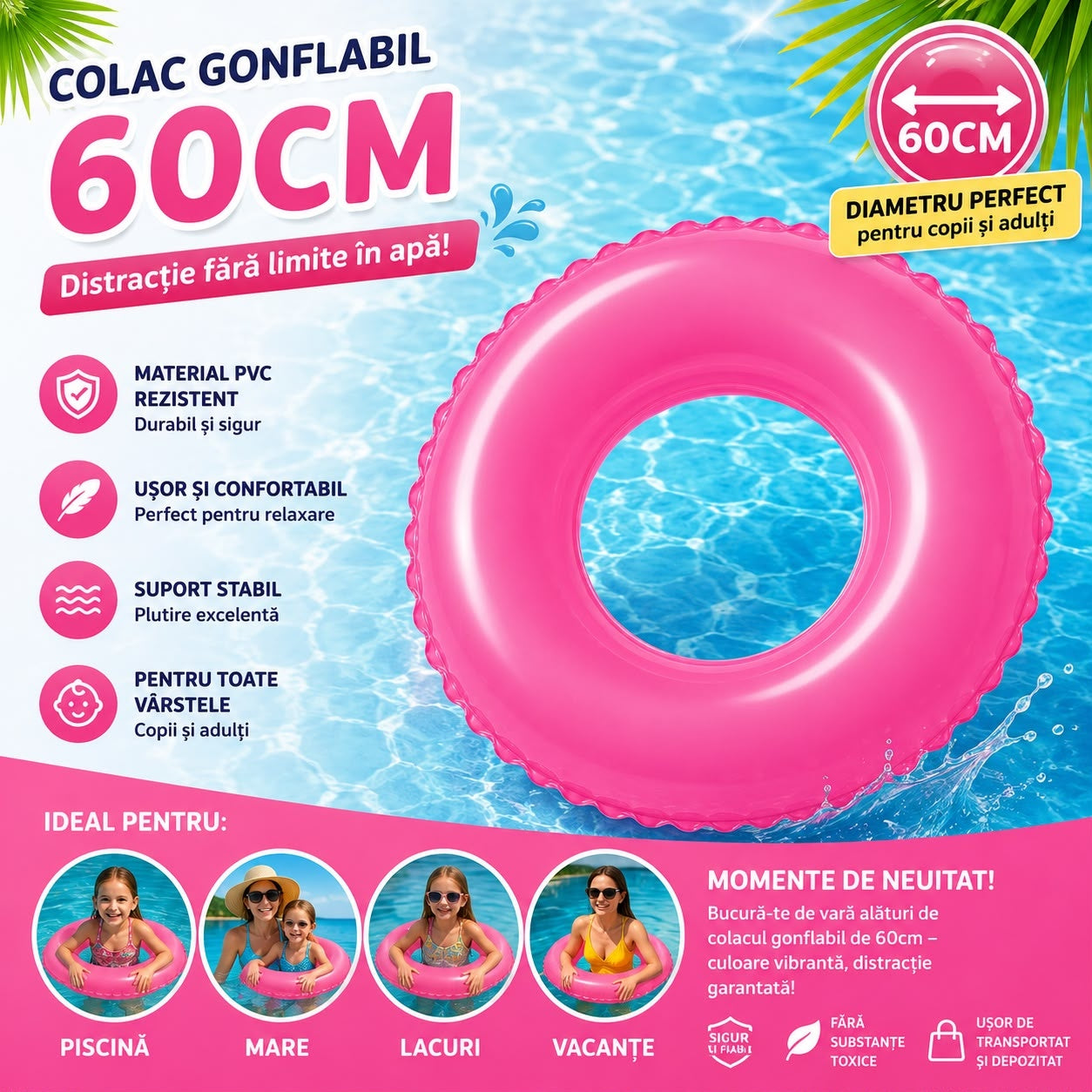 Colac Gonflabil Roz 60 cm pentru Copii și Adulți – Colac de Înot PVC pentru Piscină, Mare și Vacanțe