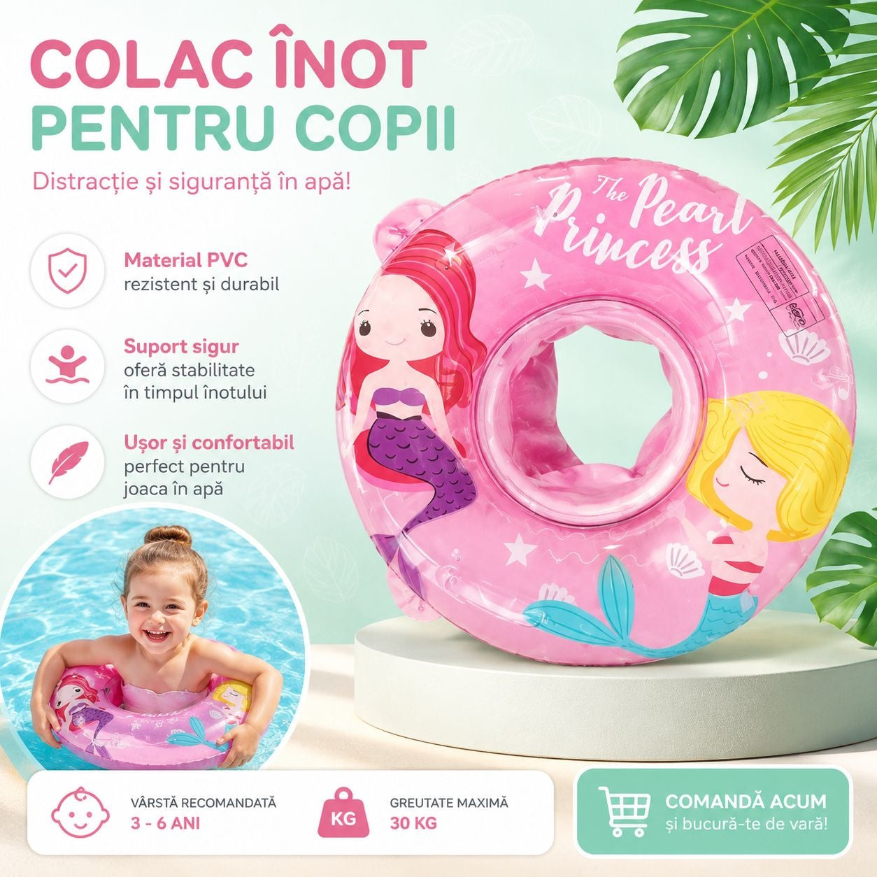 Colac Gonflabil Roz pentru Copii – Colac Înot cu Sirene, PVC Rezistent, 3-6 Ani