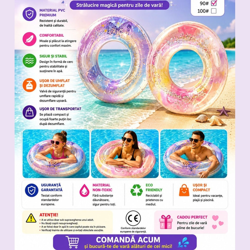 Colac Gonflabil Roz Sequin Fantasy 90 cm – Colac de Înot cu Glitter pentru Piscină și Plajă