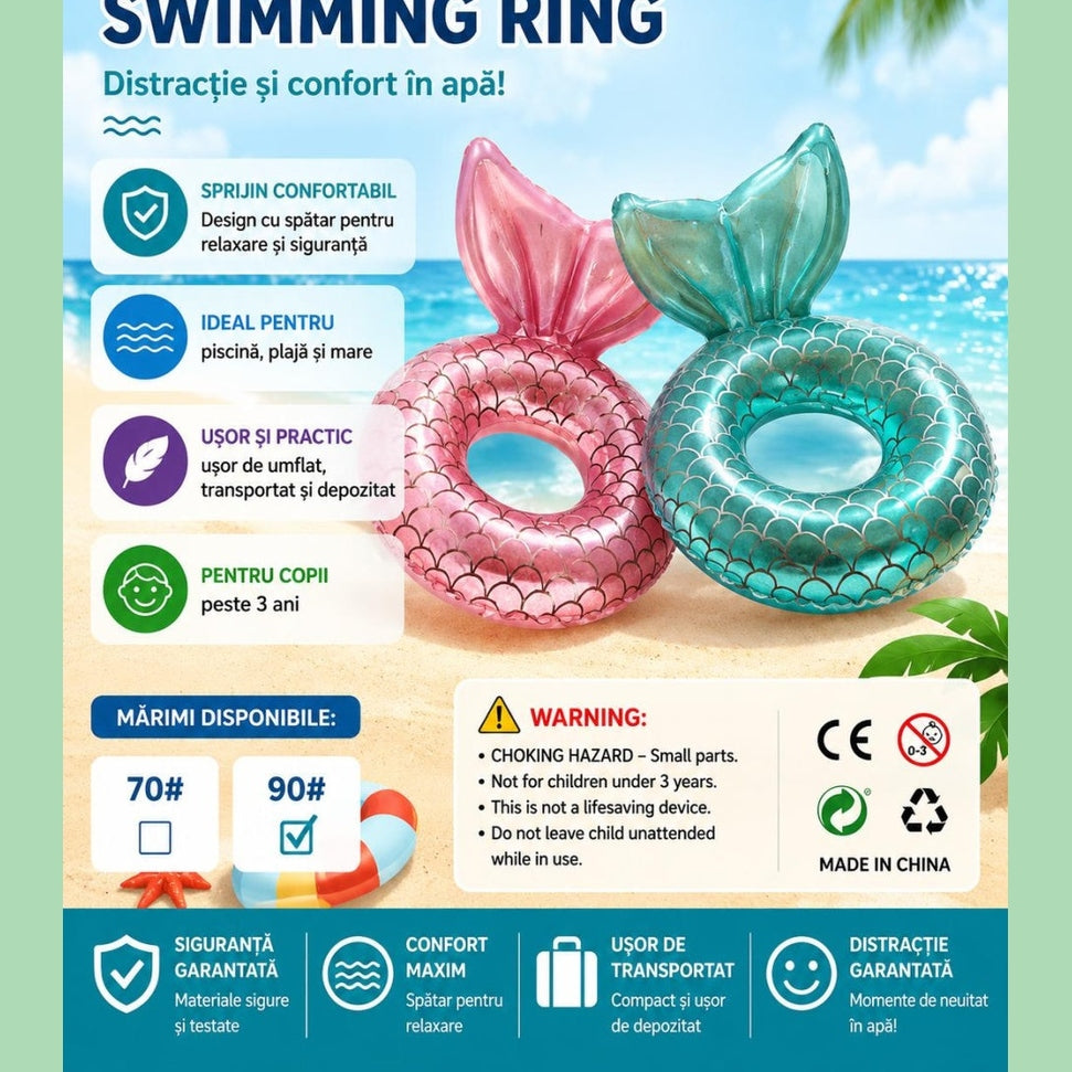 Colac gonflabil sirena turcoaz pentru copii, 90 cm, cu spatar tip coada de sirena, ideal pentru piscina si mare