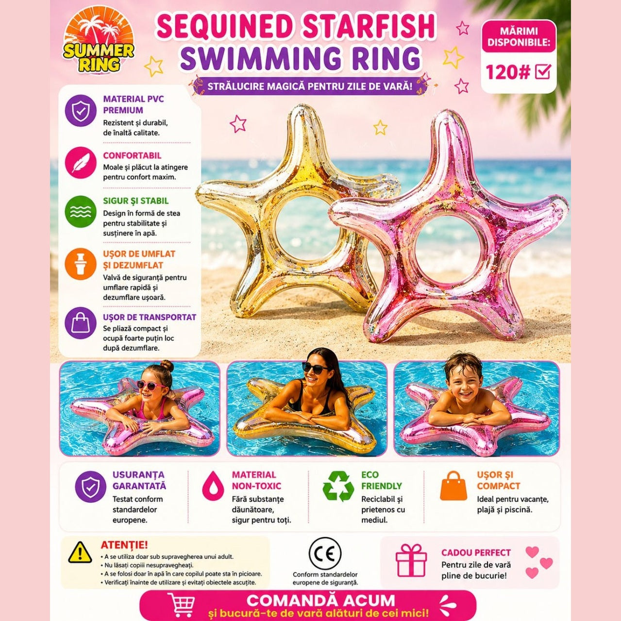 Colac Gonflabil Stea de Mare Auriu 120 cm – Colac de Înot Glitter pentru Piscină și Plajă
