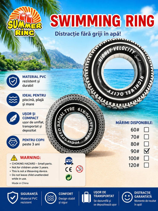 Colac gonflabil tip anvelopa 90 cm pentru piscina si plaja, design sport alb-negru