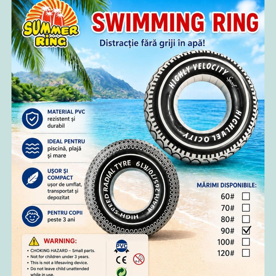 Colac gonflabil tip anvelopa 90 cm pentru piscina si plaja, design sport alb-negru