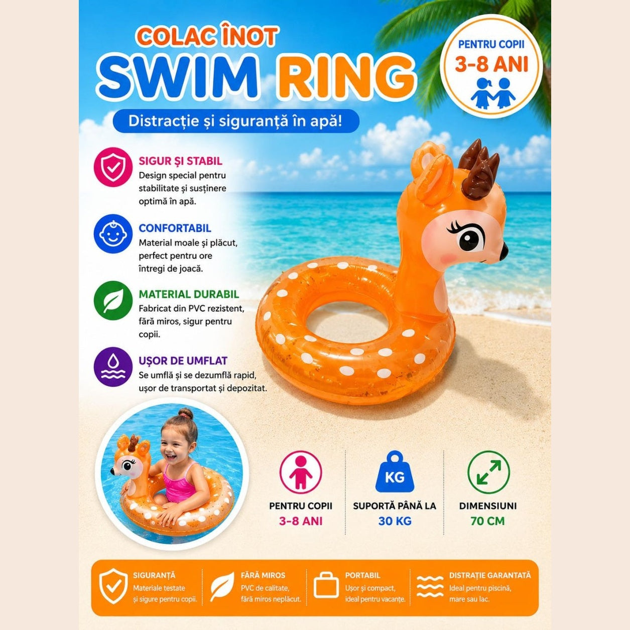 Colac gonflabil tip căprioară pentru copii, 70 cm, cu paiete, ideal pentru piscină și joacă în apă