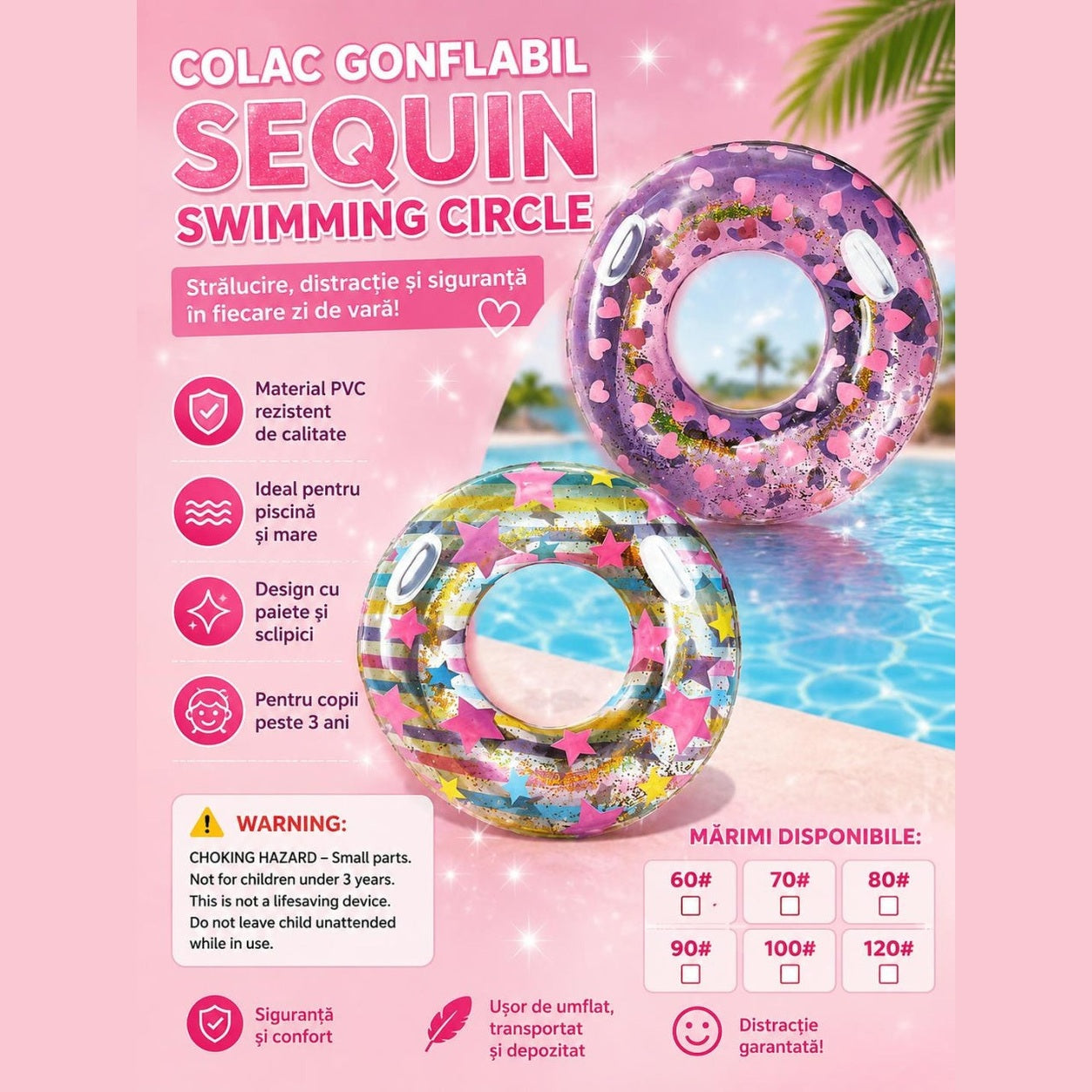Colac gonflabil transparent pentru copii, 90 cm, model multicolor cu sclipici