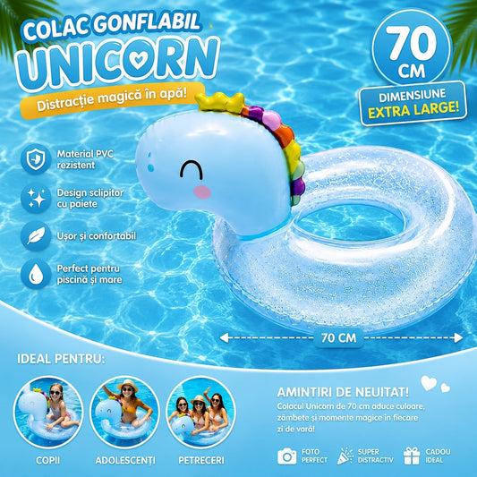 Colac Gonflabil Unicorn cu Paiete, 70 cm – Colac de Înot pentru Copii și Adulți, Piscină și Plajă