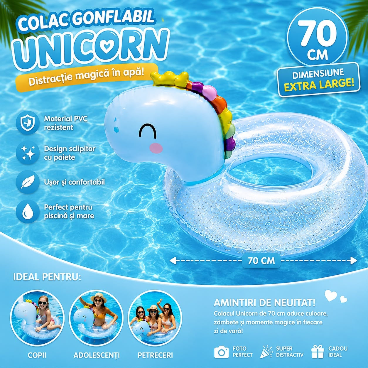 Colac Gonflabil Unicorn cu Paiete, 70 cm – Colac de Înot pentru Copii și Adulți, Piscină și Plajă