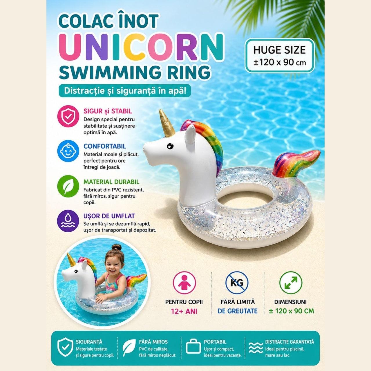 Colac Gonflabil Unicorn cu Sclipici – 120x90 cm, Model XL pentru Piscină și Mare
