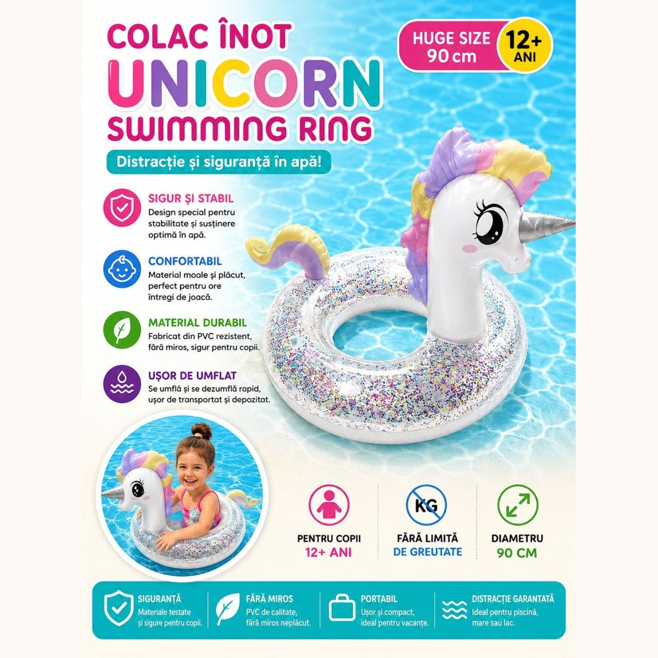 Colac Gonflabil Unicorn cu Sclipici – 90 cm, Model Premium pentru Piscină și Mare