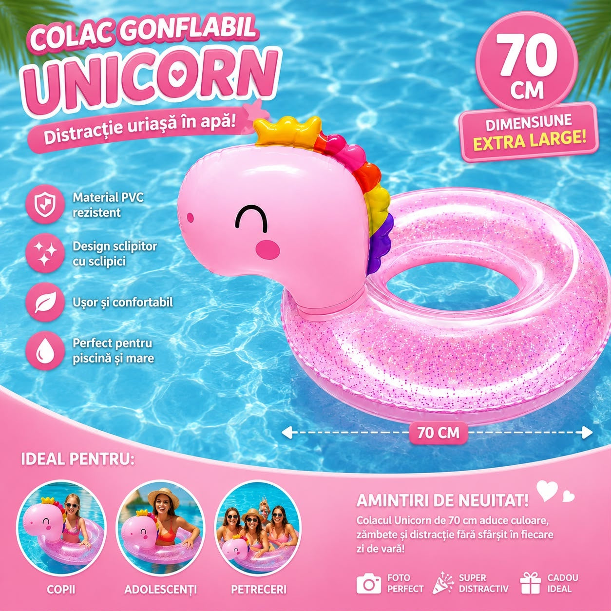 Colac Gonflabil Unicorn Roz cu Sclipici, 70 cm – Colac de Înot pentru Piscină, Mare și Plajă