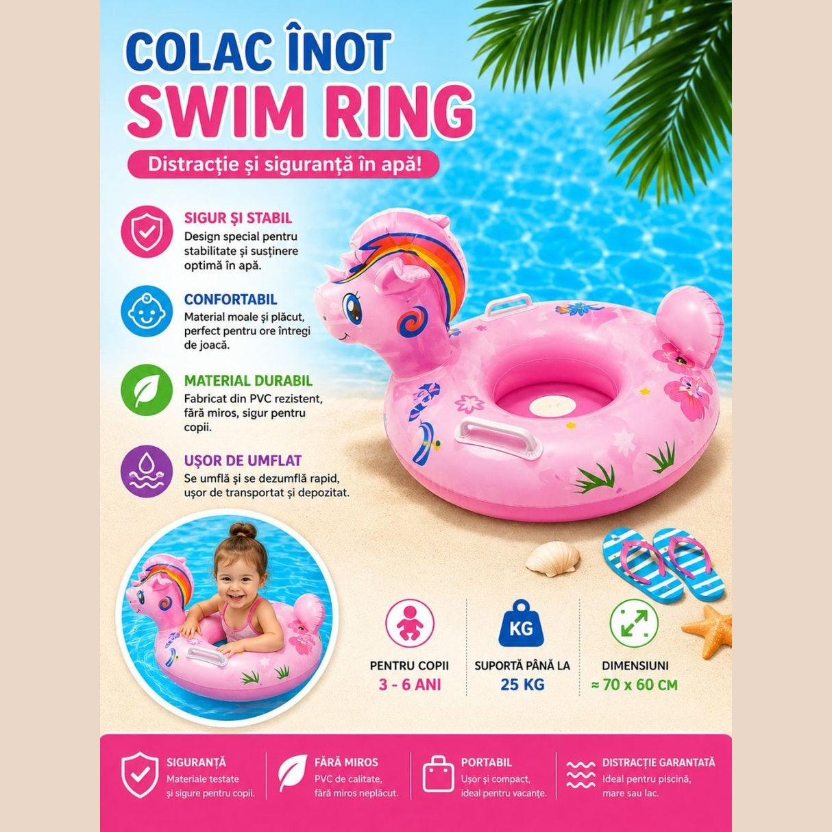 Colac Gonflabil Unicorn Roz pentru Copii – Swim Ring 70x60 cm cu Mânere și Design Adorabil