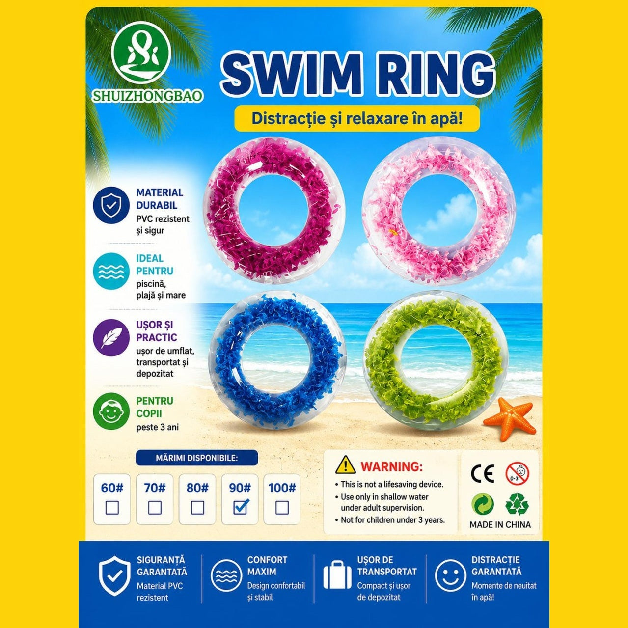 Colac gonflabil verde 90 cm pentru piscina si plaja, design colorat si distractiv