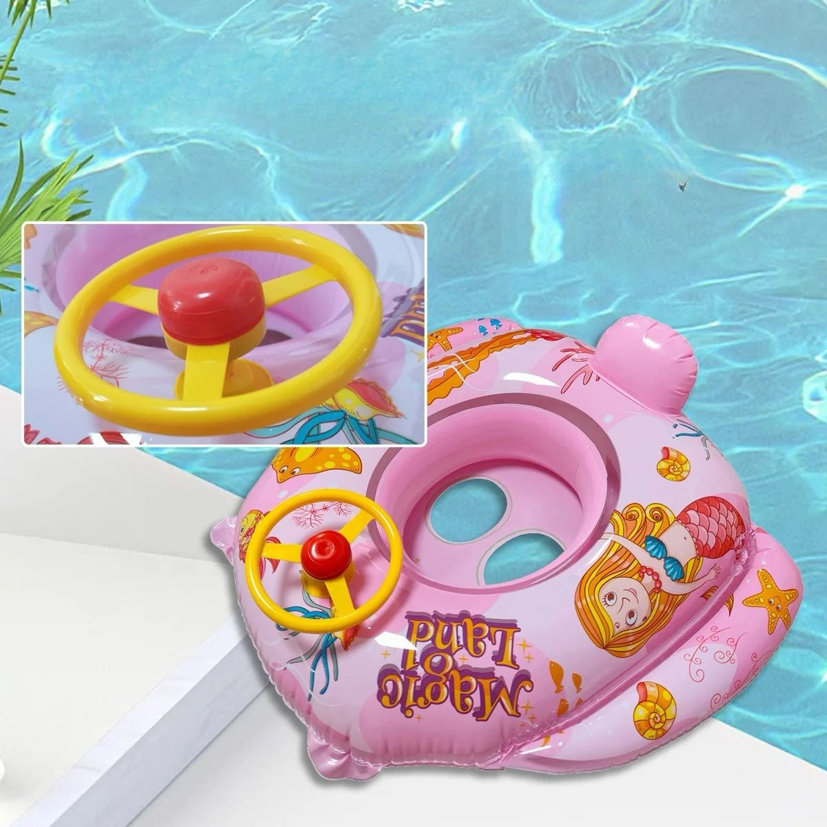 Colac inot bebelusi si copii cu volan si protectie, model colorat cu desene, confortabil si sigur, ideal pentru piscina sau mare, colac gonflabil cu spatar si suport picioare,