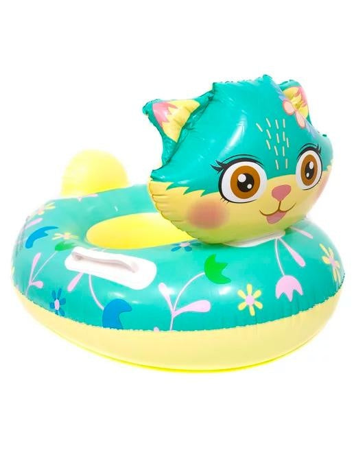Colac inot copii cu fata 3D pisicuta, model roz sau verde, cu manere laterale si suport picioare, gonflabil, ideal pentru piscina, mare sau vacanta,