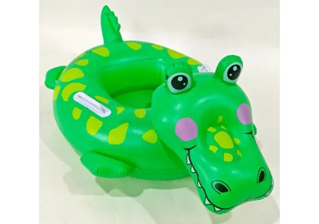 Colac inot copii forma crocodil verde cu fata 3D, manere laterale si suport picioare, model gonflabil rotund, ideal pentru piscina, mare sau vacanta,