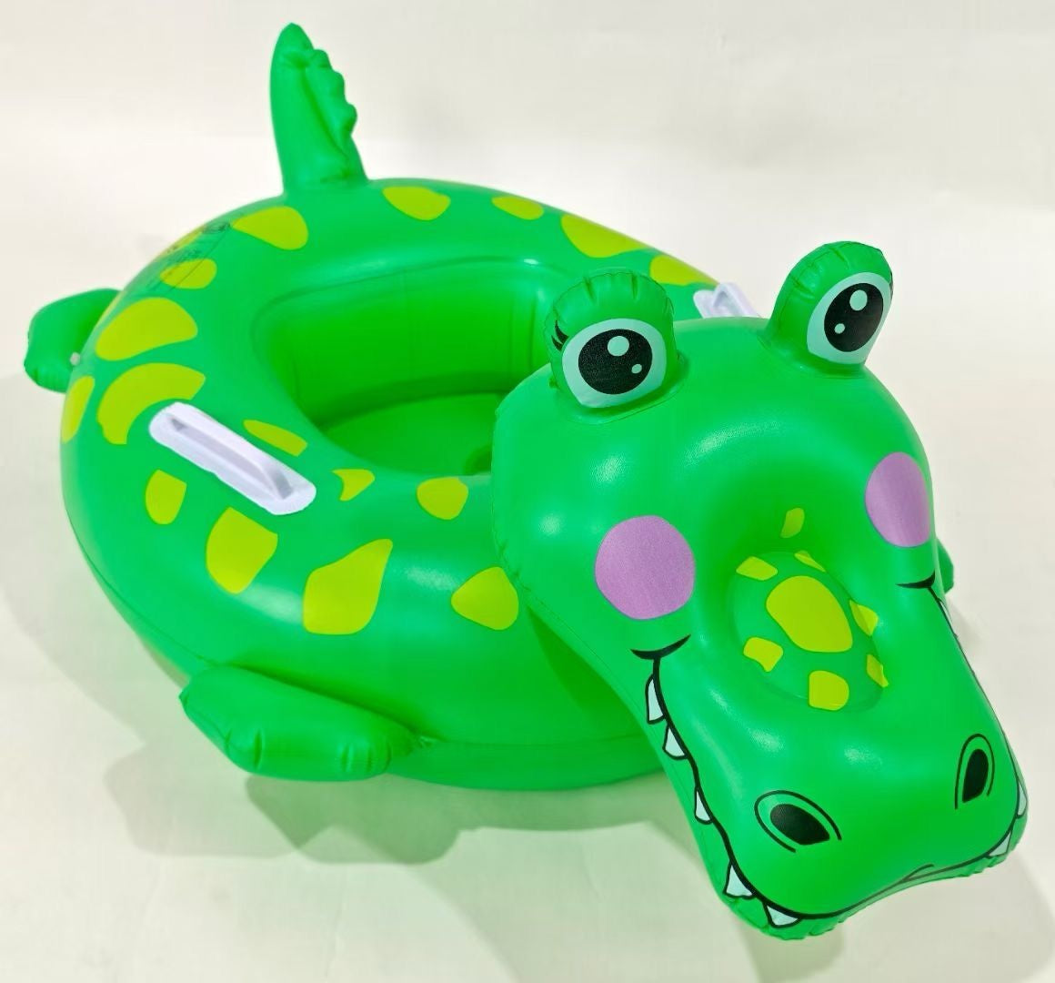 Colac inot copii forma crocodil verde cu fata 3D, manere laterale si suport picioare, model gonflabil rotund, ideal pentru piscina, mare sau vacanta,