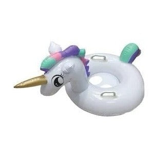 Colac inot copii in forma de unicorn alb cu cap 3D, coada si corn auriu, cu manere laterale, gonflabil, ideal pentru piscina, mare sau vacanta de vara,
