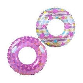 Colac inot gonflabil 90cm cu manere pentru copii si adulti, model colorat cu stele si inimioare, design atractiv cu sclipici, ideal pentru piscina, mare sau vacanta de vara,