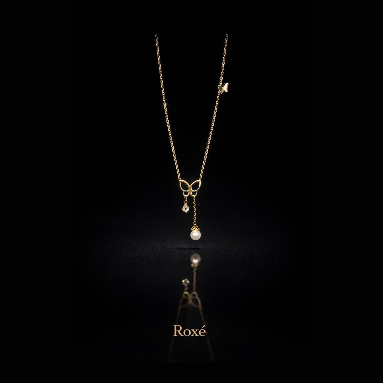 Colier auriu Roxé cu fluture și perlă elegantă, reglabil 41+5 cm