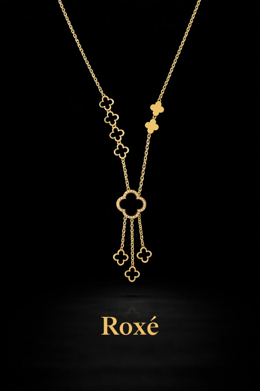Colier auriu Roxe cu pandantive trifoi si lanturi multiple 50cm elegant