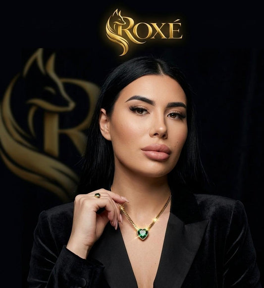 Colier auriu ROXE, inoxidabil cu pandantiv inimă verde, lant 45 cm elegant