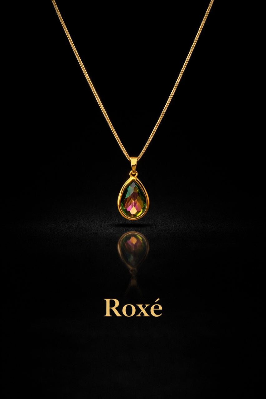 Colier Roxé auriu cu pandantiv lacrima, cristal iridescent, 40 cm, reglabil