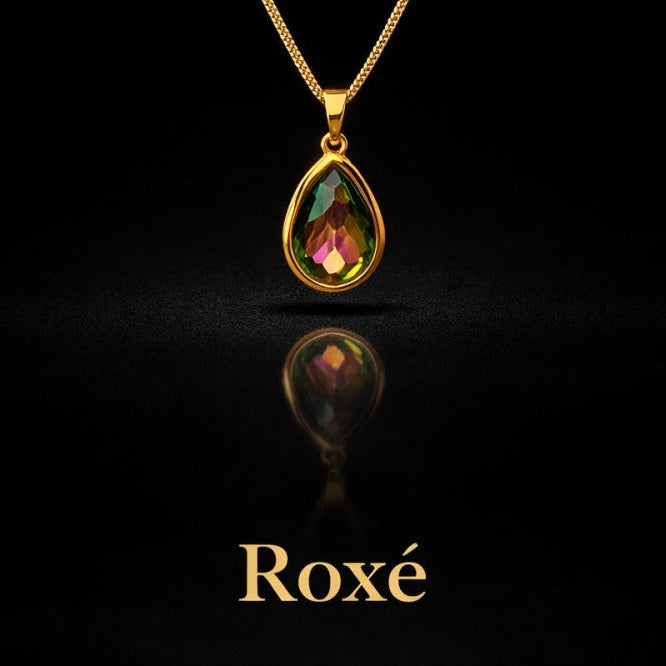 Colier Roxé auriu cu pandantiv lacrima, cristal iridescent, 40 cm, reglabil