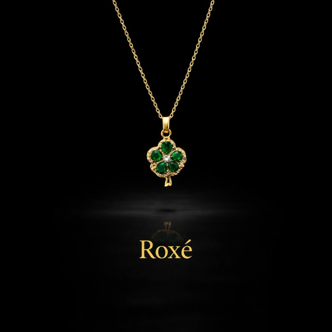 Colier Roxé auriu cu pandantiv trifoi verde cu cristale, 40 cm, reglabil