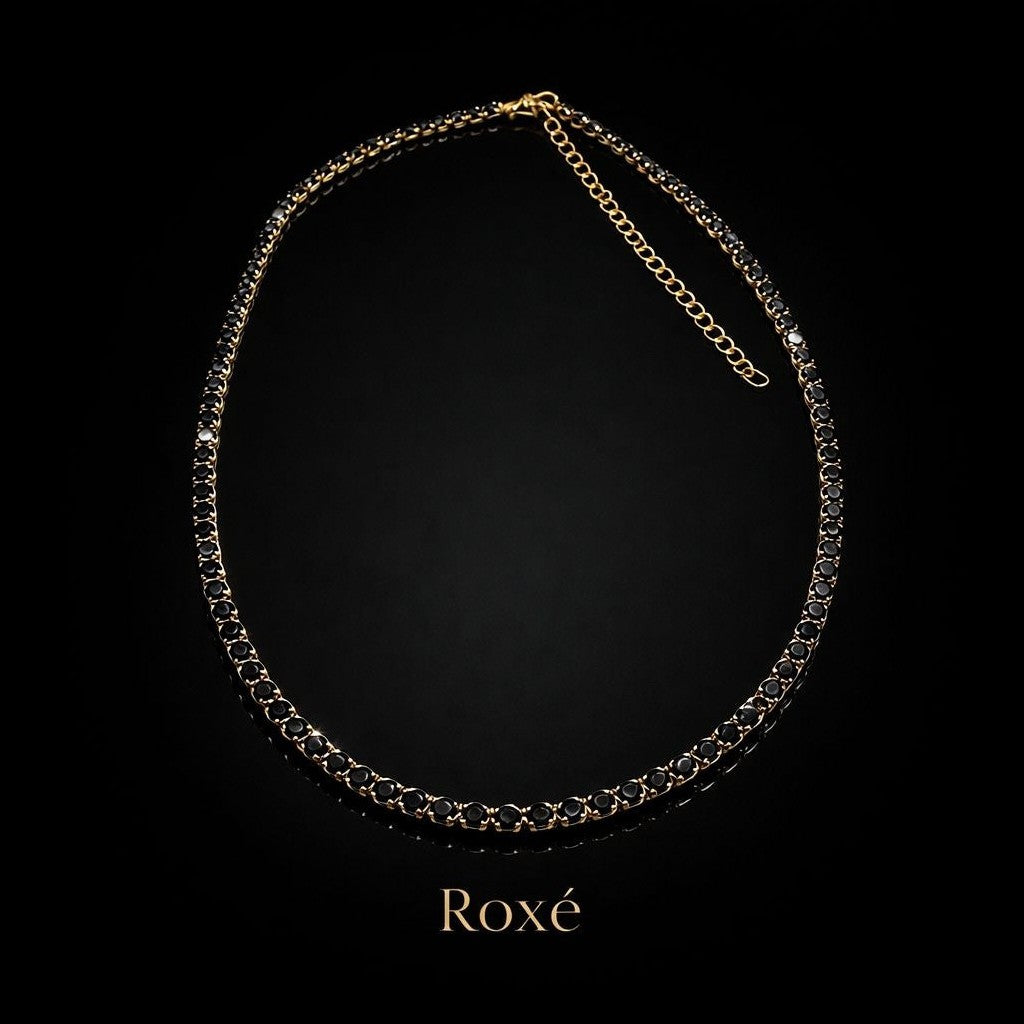 Colier Roxe Auriu cu Pietricele Negre, Elegant, 36 cm, material inoxidabil , reglabil