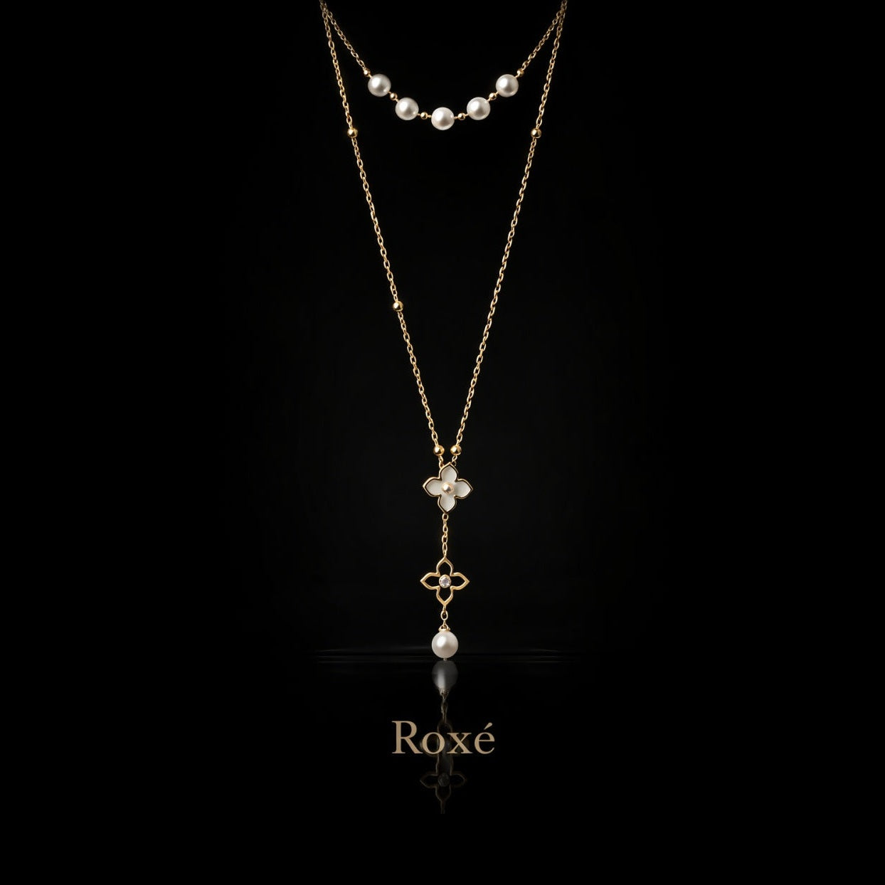 Colier Roxé auriu cu trifoi și perle – material inoxidabil, 40 cm, reglabil