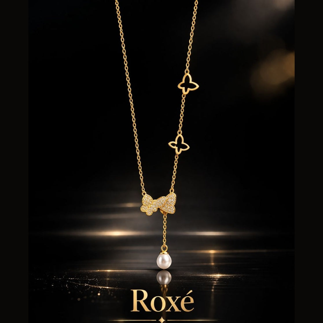Colier Roxe cu pandantiv fluturi și perlă, 40 cm, reglabil – bijuterie elegantă damă