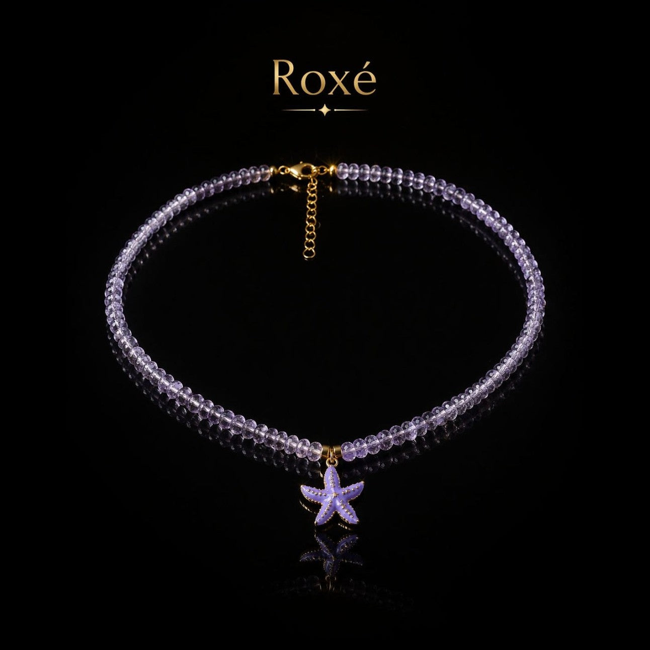 Colier Roxe cu pandantiv stea de mare mov, 40 cm, reglabil – bijuterie elegantă cu mărgele