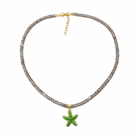 Colier Roxe de vara cu pietricele gri si pandantiv stea de mare verde, reglabil 40 cm