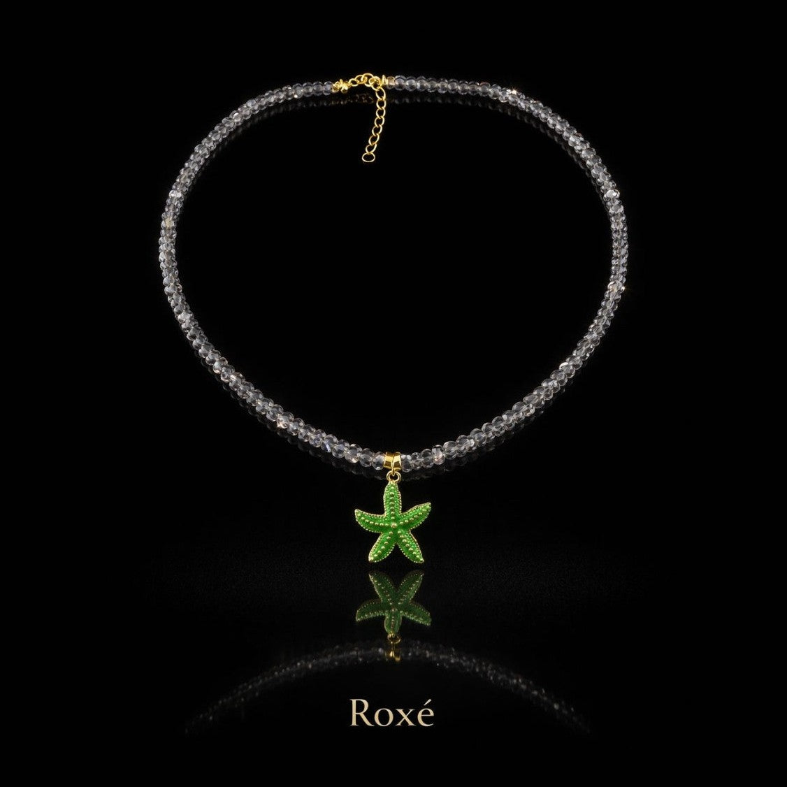 Colier Roxe de vara cu pietricele gri si pandantiv stea de mare verde, reglabil 40 cm